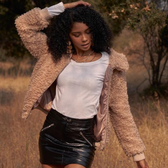 Tan Faux Fur Bomber Jacket - Picture 2 of 6